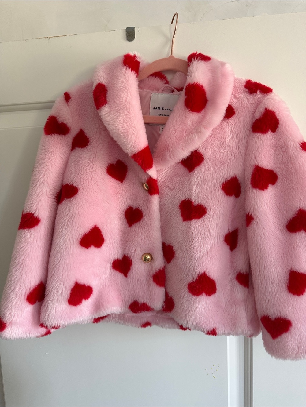 Janie and Jack Pink Faux-Fur Pea Coat with Red Heart Print